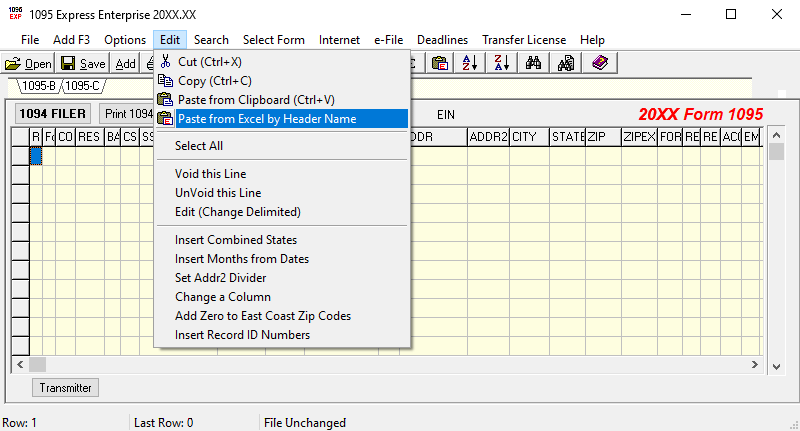 Paste directly from Excel into 1095 Express by header name