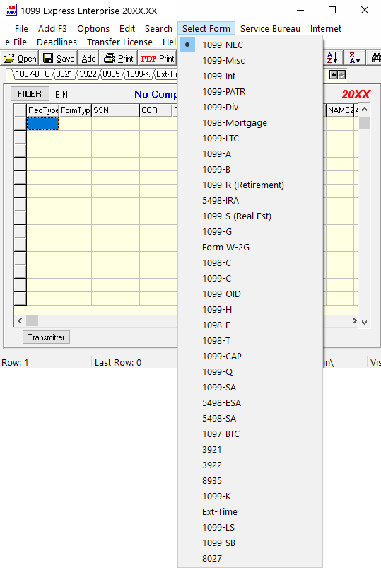 Available forms shown from inside the program