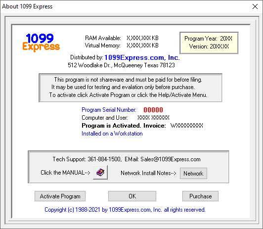 Example of the About window of an activated 1099 Express program.