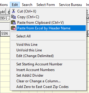 Example of where the Paste from Excel by Header name option is below the 'Edit' tab.