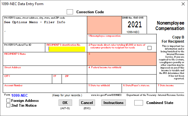 Example of the Data Entry form from the 1099 Express program with the form 1099-NEC selected.