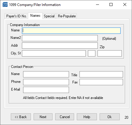 Example of the Names tab within the Company's/Filer's Information dialog box.