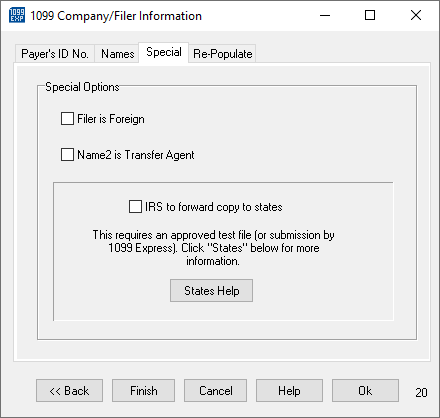 Example of the Special tab in the Company/Filer Information dialog box.