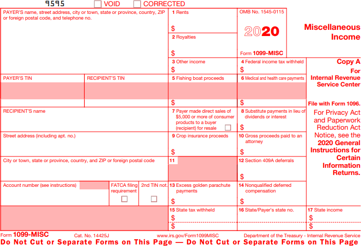 Example format of 1099-Misc 2020