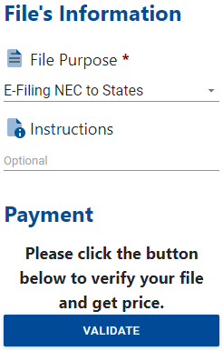 Example of the validate button after selecting 'E-Filing NEC to States' on the Data Entry page.