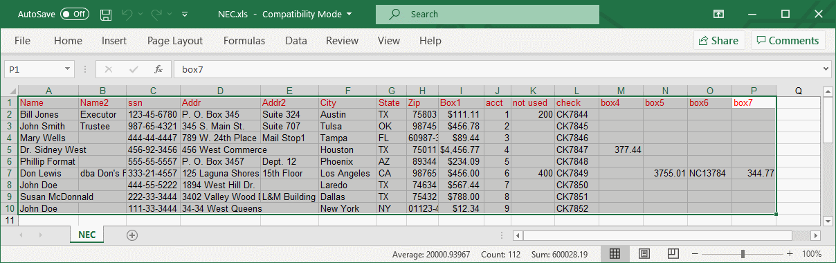 Example excel document with data to be copied and pasted into 1099Express