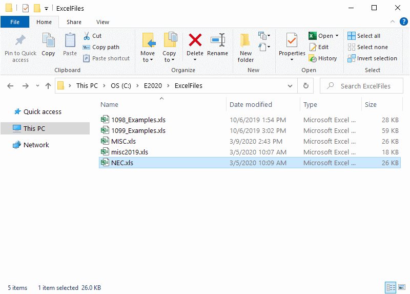 Example of the folder path that contains the sample excel files