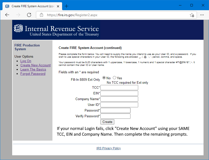 IRS FIRE login page.
