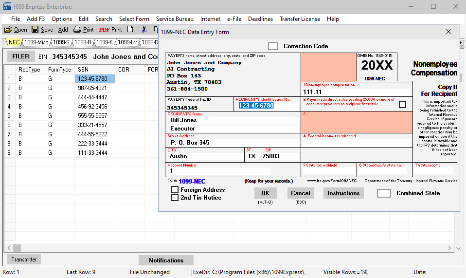 Example of the Data Entry Window in the 1099 Express program