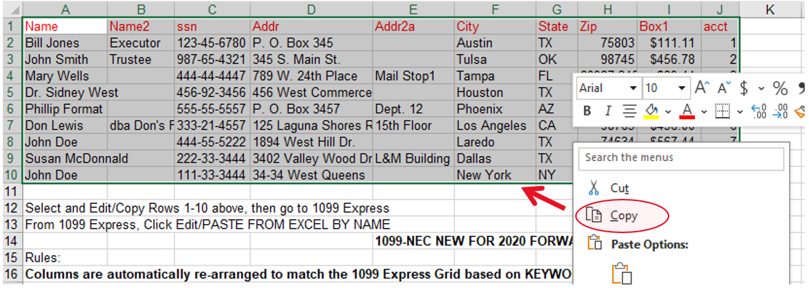 Example of the Excel spreadsheet opened up by the 1099 Express program
