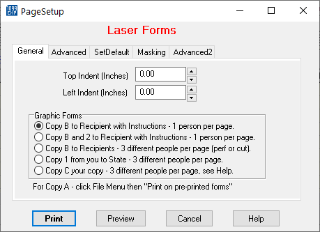 Example of the Page Setup window in the 1099 Express program