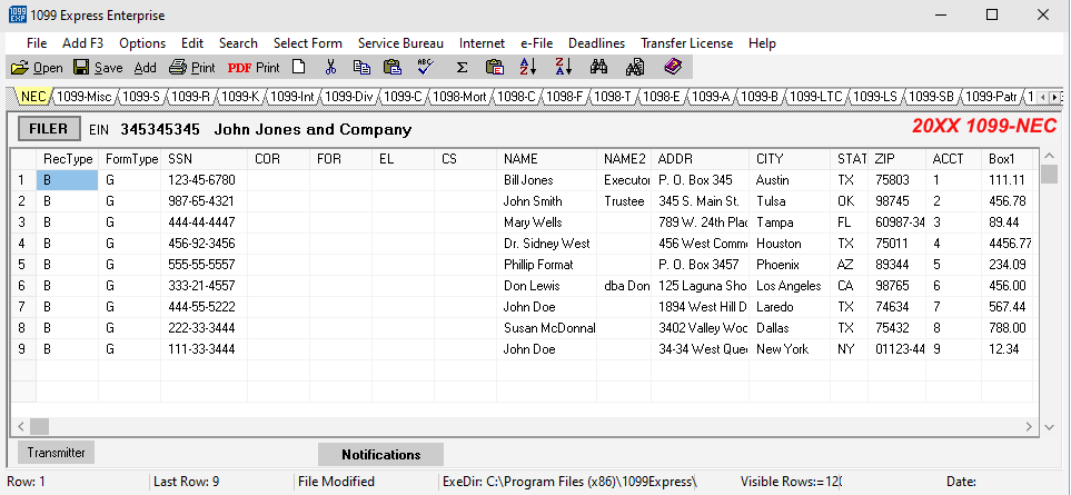 Example of the Excel spreadsheet data showing in the 1099 Express program