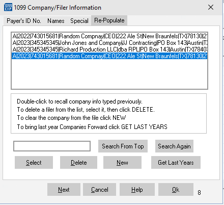 Example of the Re-Populate window/dialog box in the 1099 Express program