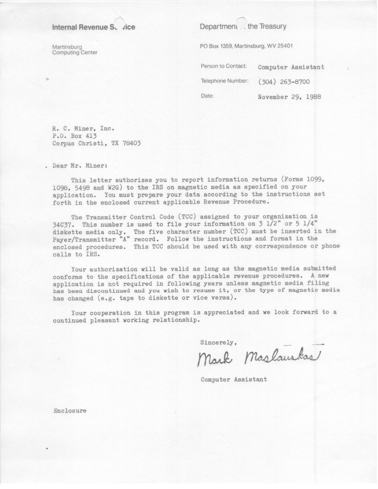 1988 IRS letter authorizing R. C. Miner, Inc. to file information returns on magnetic media